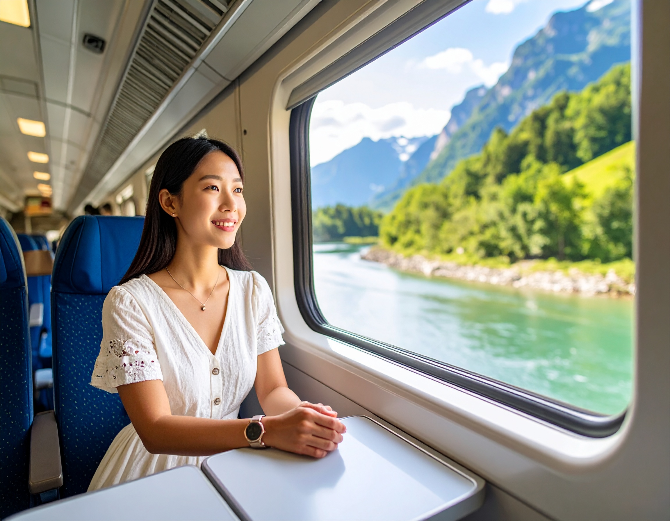 Zugreise durch Europa mit einer jungen Frau, die entspannt aus dem Fenster eines modernen Zugs blickt.