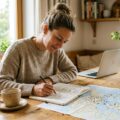 Reisebudget am Küchentisch planen mit Notizbuch und Karte