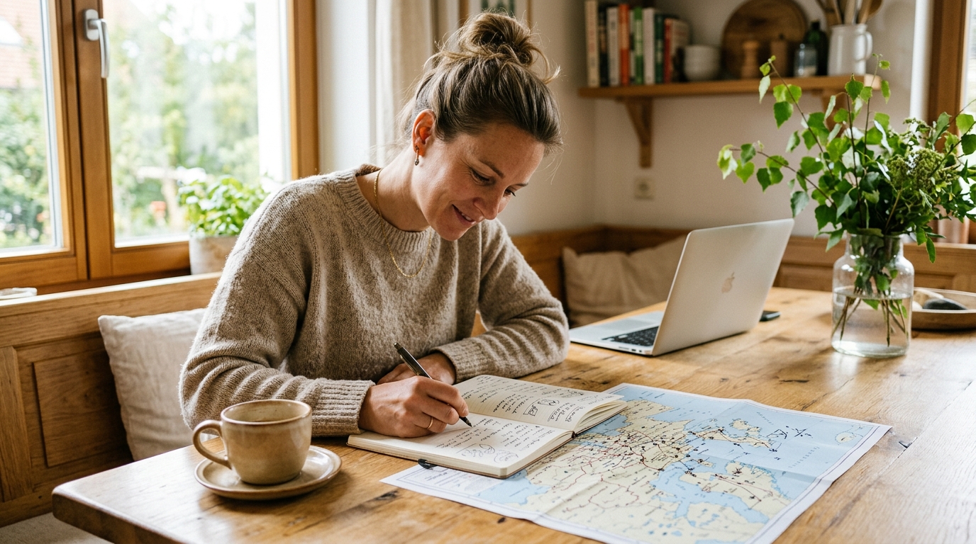 Reisebudget am Küchentisch planen mit Notizbuch und Karte