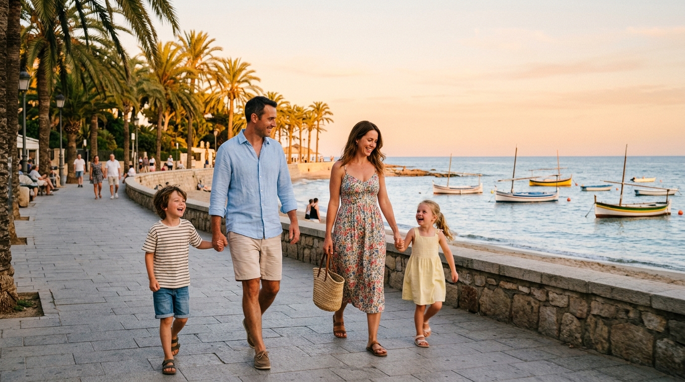 Familie mit zwei Kindern auf einer sonnigen Strandpromenade