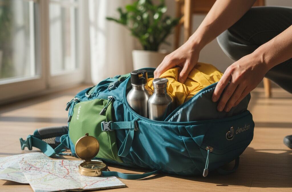 Eine Person packt sorgfältig einen blauen Wanderrucksack auf einem Holzboden.