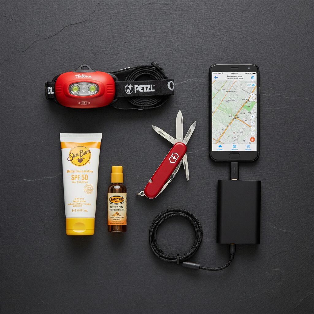 Nützliche Ausrüstung für den Wanderrucksack, darunter eine Stirnlampe, Sonnencreme und ein Taschenmesser.