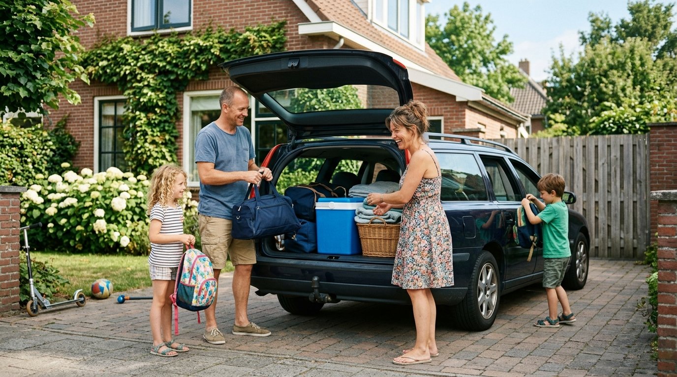 Familienurlaub planen: eine Familie belädt das Auto mit Gepäck und Kühlbox für die Sommerreise