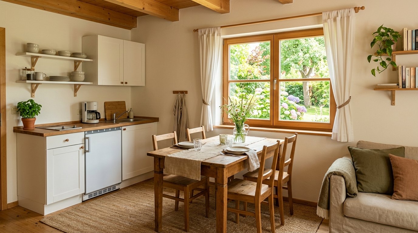 Günstige Familienunterkunft: eine schlichte Ferienwohnung mit eigener kleiner Küche und Esstisch