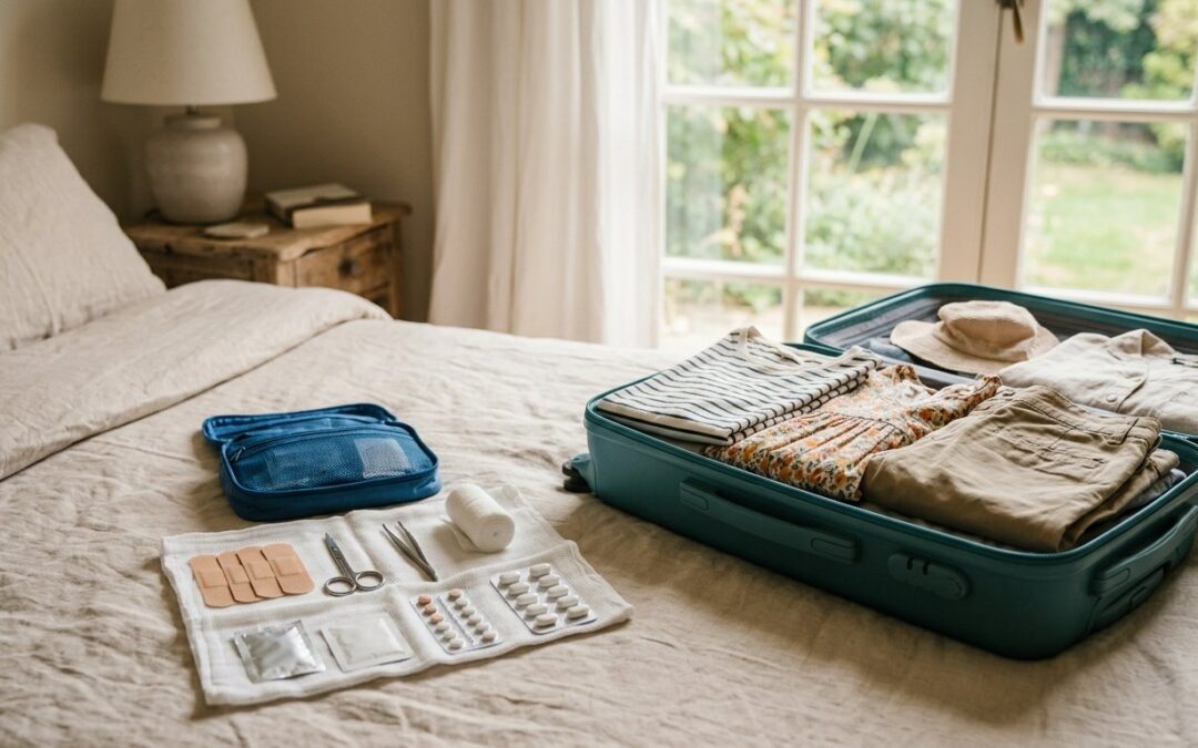Reiseapotheke zusammenstellen: Pflaster, Verbandsmaterial und Medikamente liegen geordnet neben einem gepackten Koffer auf dem Bett