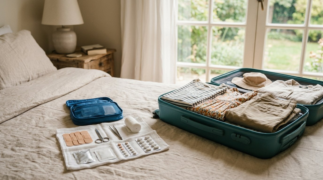 Reiseapotheke zusammenstellen: Pflaster, Verbandsmaterial und Medikamente liegen geordnet neben einem gepackten Koffer auf dem Bett