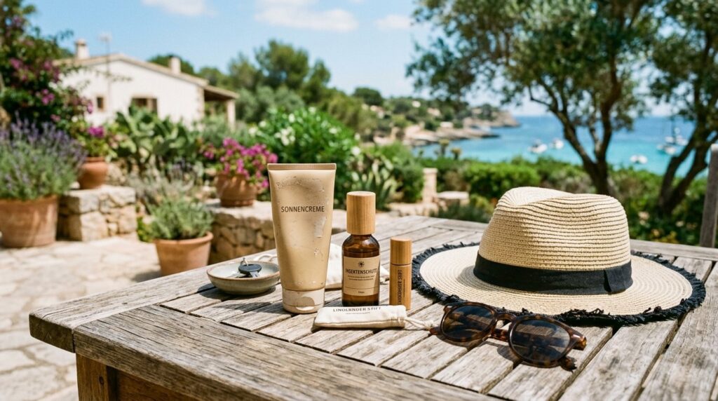 Sonnen- und Insektenschutz für die Reiseapotheke: Sonnencreme, Insektenschutzmittel und ein lindernder Stift auf einem Tisch im Freien