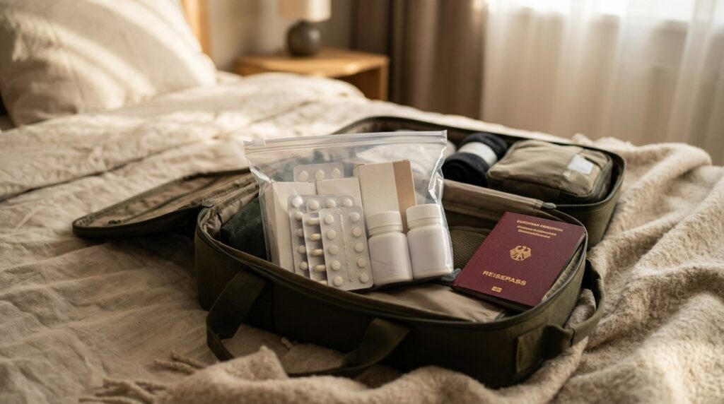 Persönliche Medikamente im Handgepäck: Tabletten in einem durchsichtigen Beutel liegen griffbereit in der Handgepäcktasche