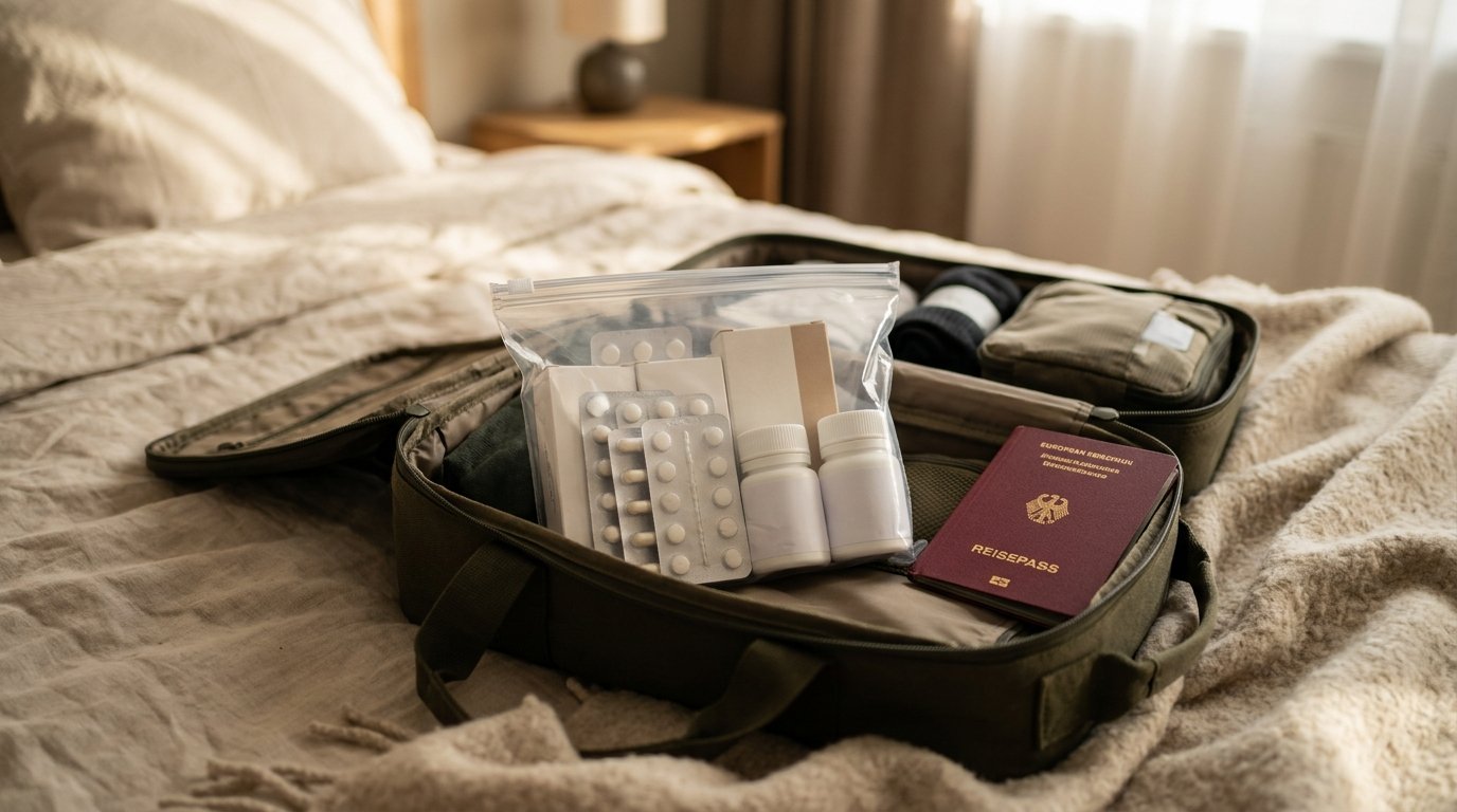 Persönliche Medikamente im Handgepäck: Tabletten in einem durchsichtigen Beutel liegen griffbereit in der Handgepäcktasche