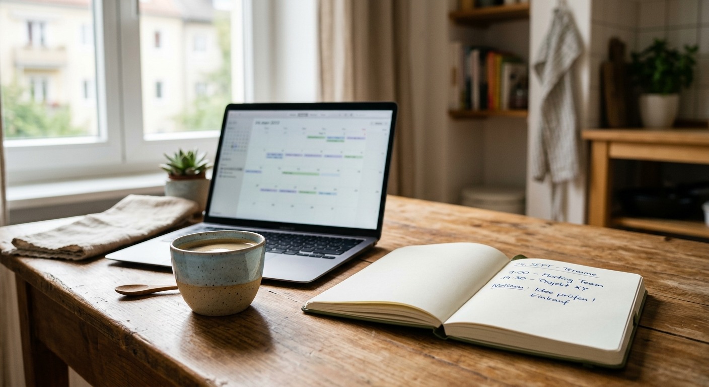 Küchentisch mit aufgeklapptem Laptop, Notizbuch mit handschriftlichen Daten und Kaffeetasse im Morgenlicht