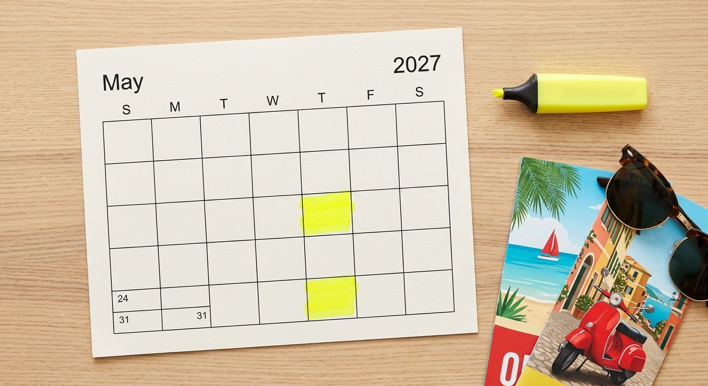 Kalenderblatt Mai 2027 mit zwei markierten Donnerstagen, daneben Reiseprospekte und eine Sonnenbrille