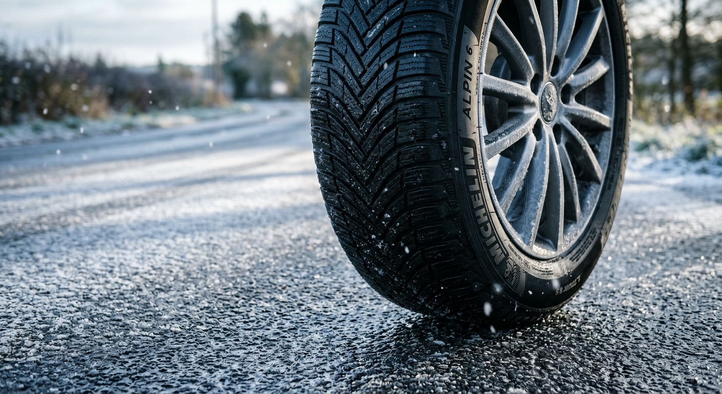Winterreifen am Auto auf nasser, leicht gefrorener Asphaltstraße im Morgenlicht, relevant für die Winterreifenpflicht in Österreich