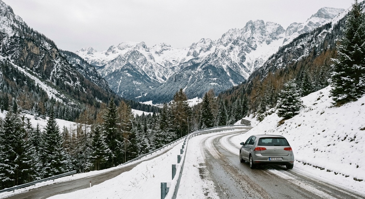 Verschneite Bergstraße in Südtirol, ein Auto mit deutschem Kennzeichen fährt bergauf