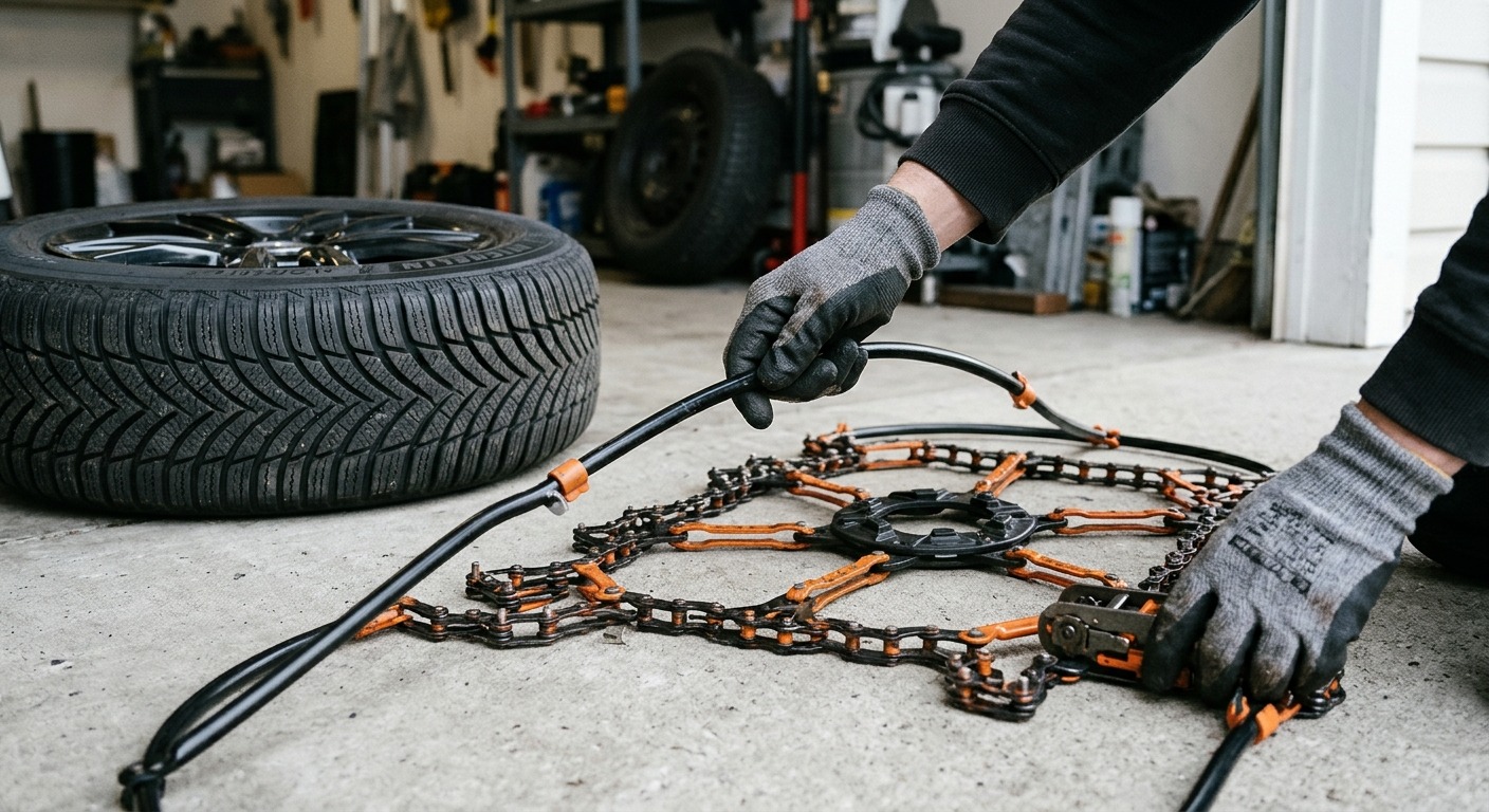 Schneeketten liegen auf dem Garagenboden neben einem Winterreifen, Hände in Handschuhen ordnen die Glieder